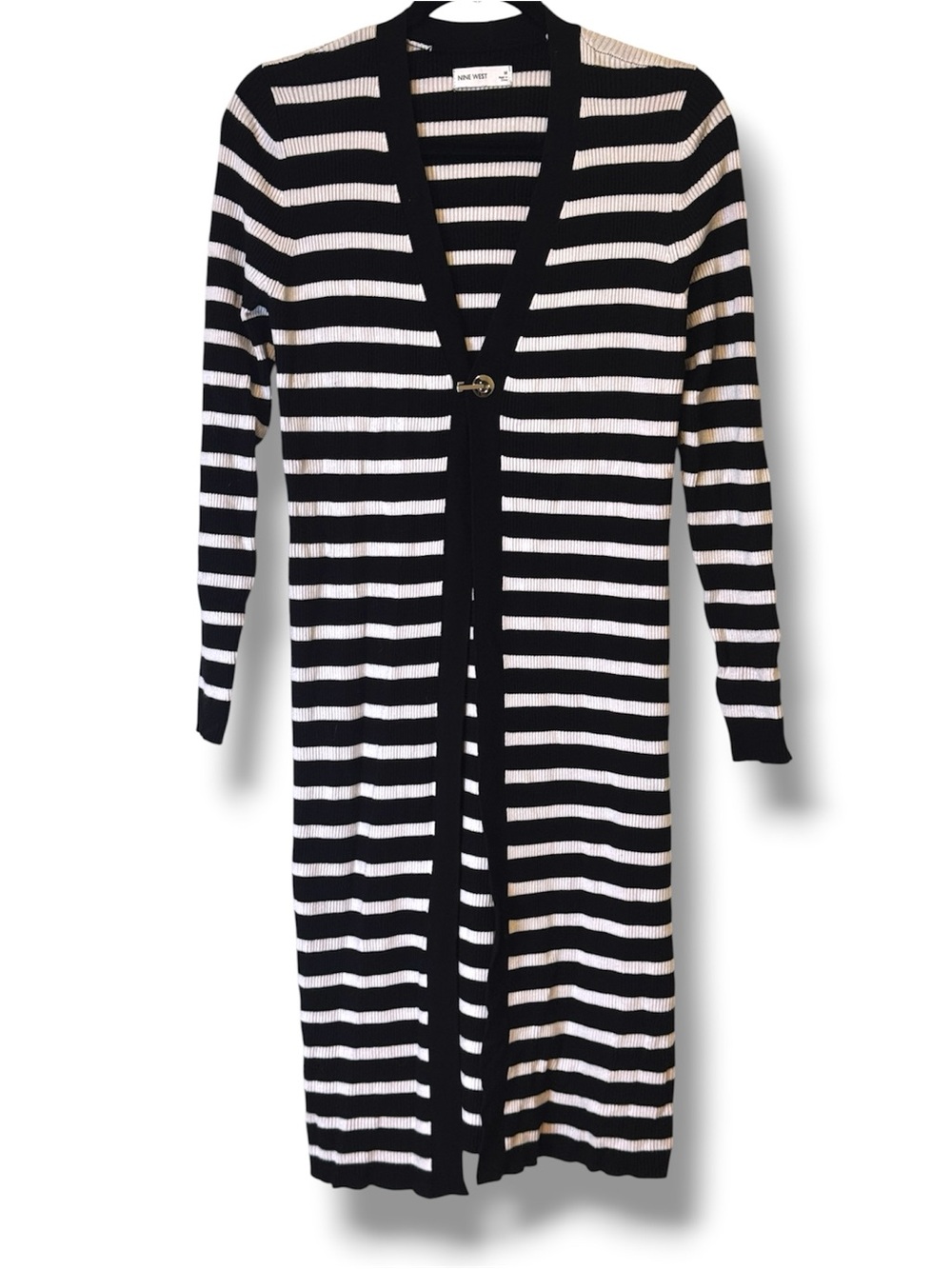 Nine West Black and White Striped Long Sleeve Knit long cardigan size medium